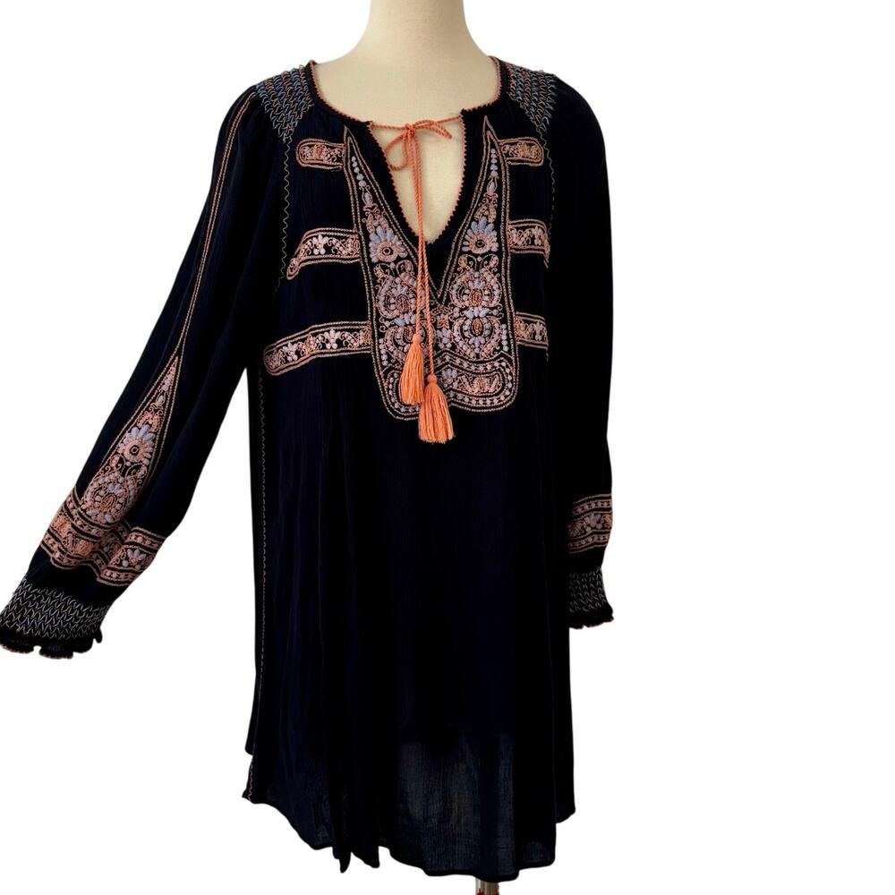 Free People Black Mini Dress with Pink & Orange Embroidery